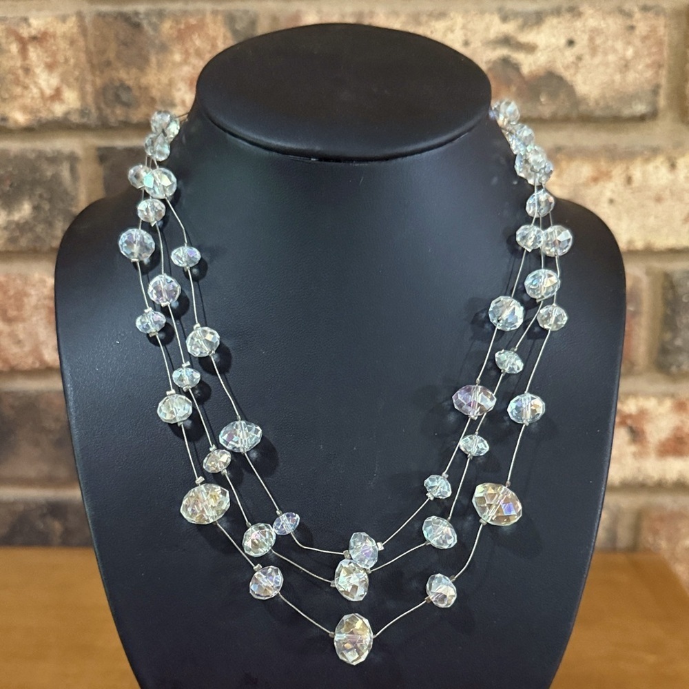 Vintage Clear Glass AB Beaded triple strand illusion necklace